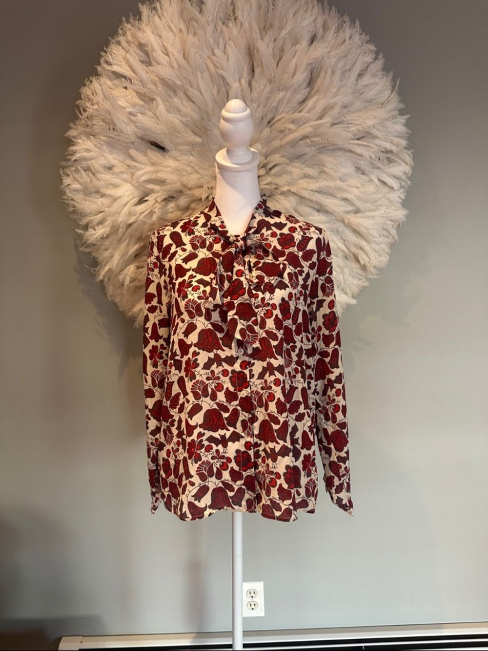 Floral Tie-Neck Blouse - Burgundy on Cream